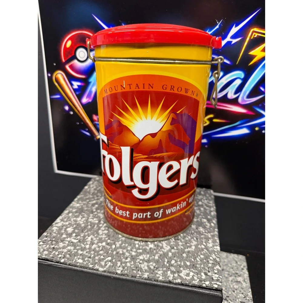 Folgers Coffee Tin Houston Harvest Hinged Lid Wire Bale Collectible Canister